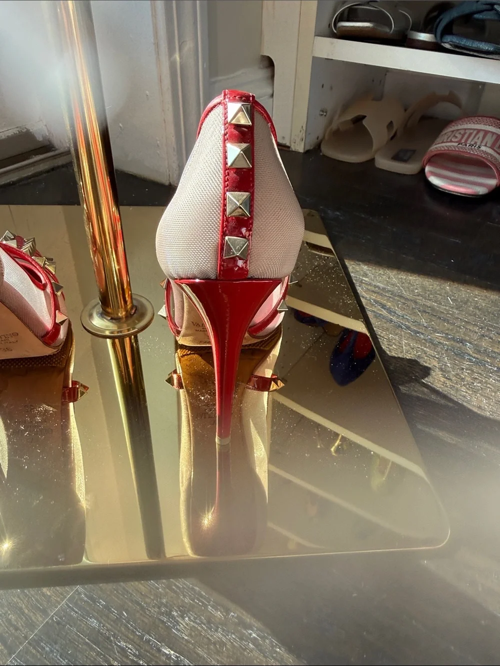 Valentino Garavani red and Gold Studded Pointed-Toe Flats